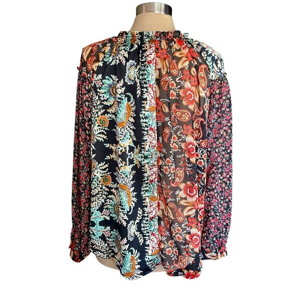 Umgee Mixed Print Paisley Floral Sheer Chiffon Top MED Bohemian Long Sleeve Fall - Picture 6 of 9